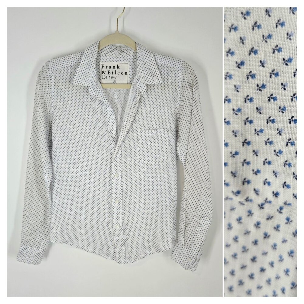 Frank & Eileen White Linen Floral Barry Button-up Shirt Pocket Women's Size XS